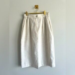 Vintage 90s Linen Blend Midi Skirt Neutral Beige High Waist Button Front Size 10